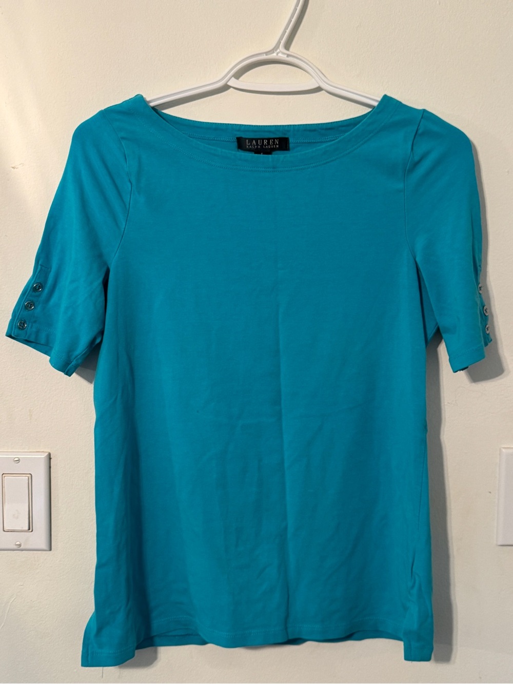 Ralph Lauren Teal Short-Sleeve Boatneck Top with Button Sleeve Detail